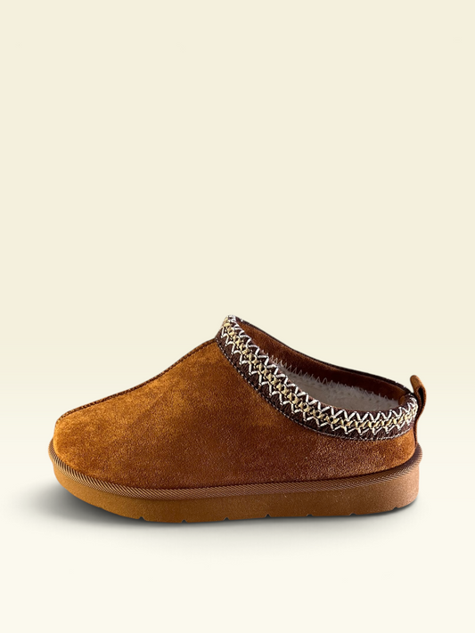 Tan Faux-Suede Fur Mules